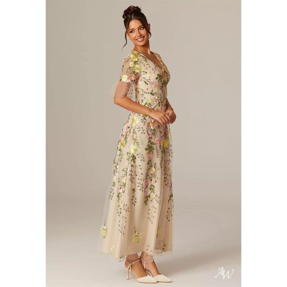 New Bridal Carole Formal Prom Dress Size 4 Beige Floral Embroidered Tulle Maxi - Picture 1 of 15